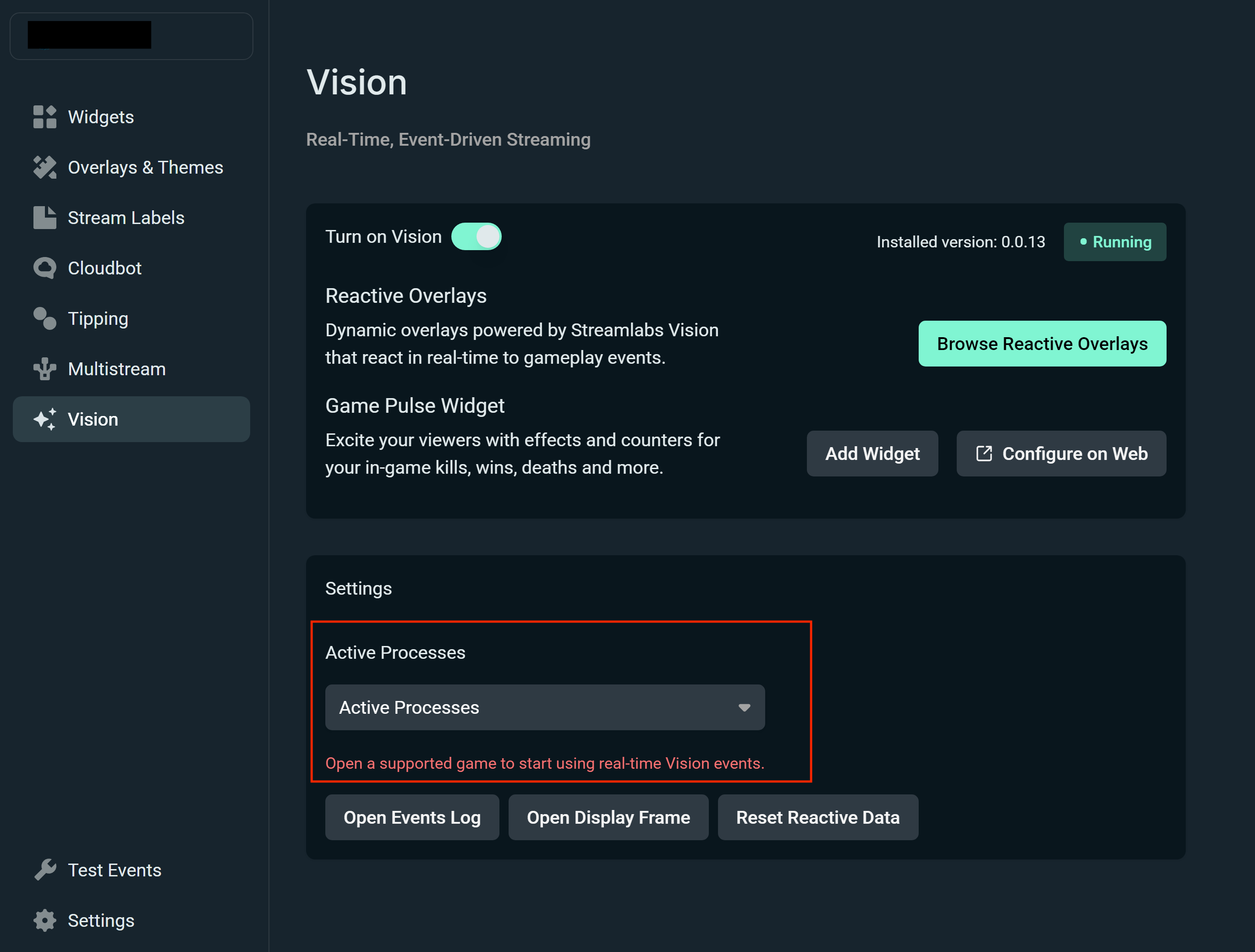 Showing the Vision tab in Plugin for OBS with the Active Processes section highlighted to let users pick which game they're playing